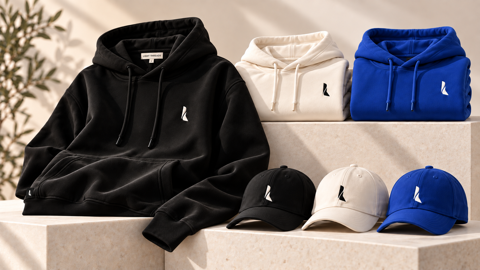 Light Threads hoodies and caps in black, ivory and cobalt blue