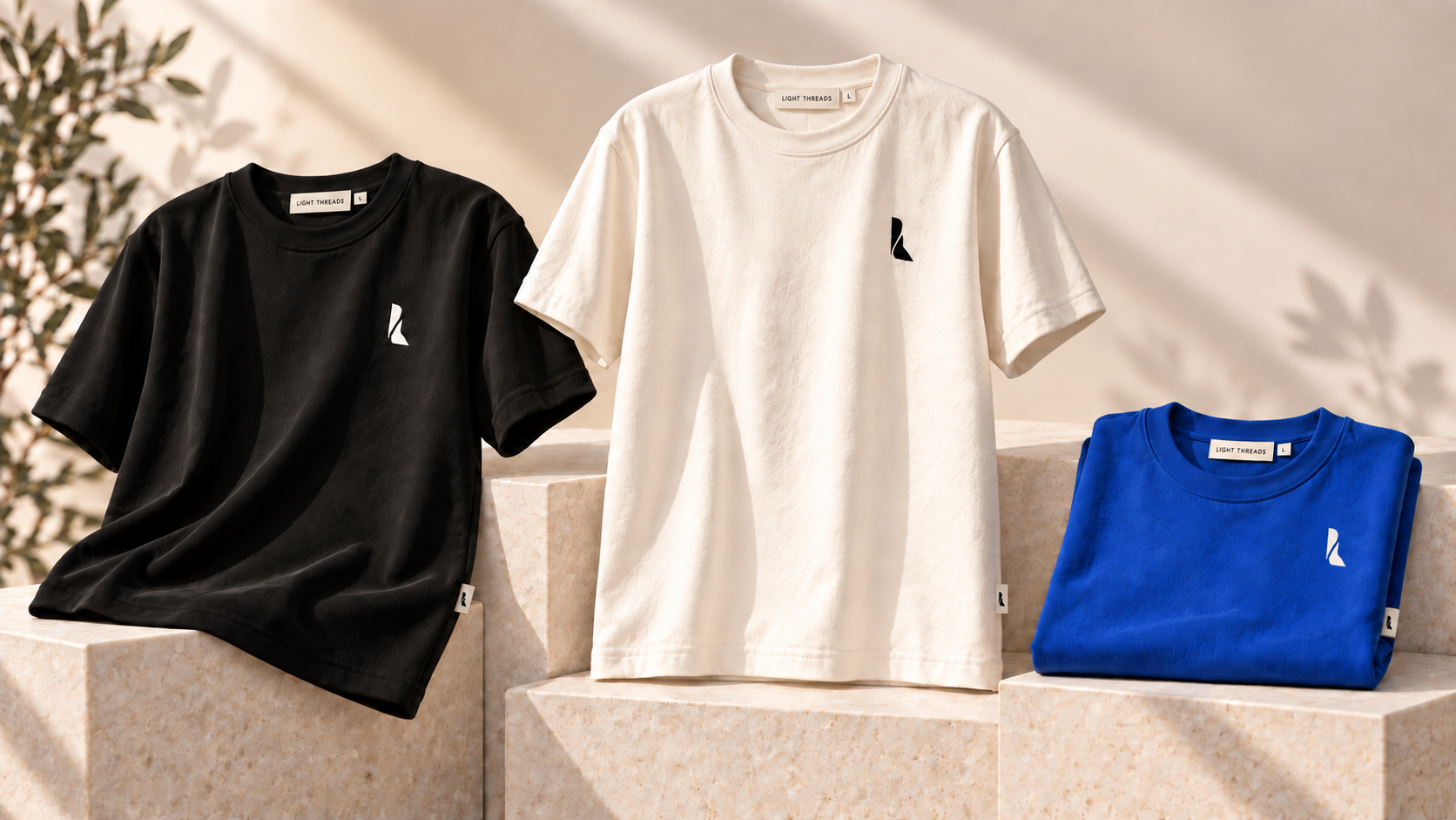 Light Threads T-shirts in black, ivory and cobalt blue